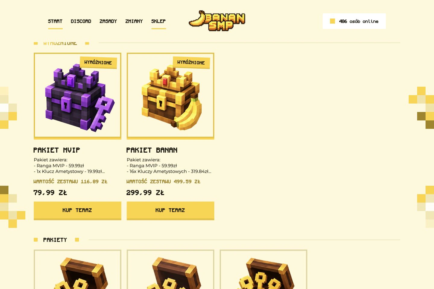 Sklep BananSMP z żółtymi kartami produktów i zakładkami kategorii