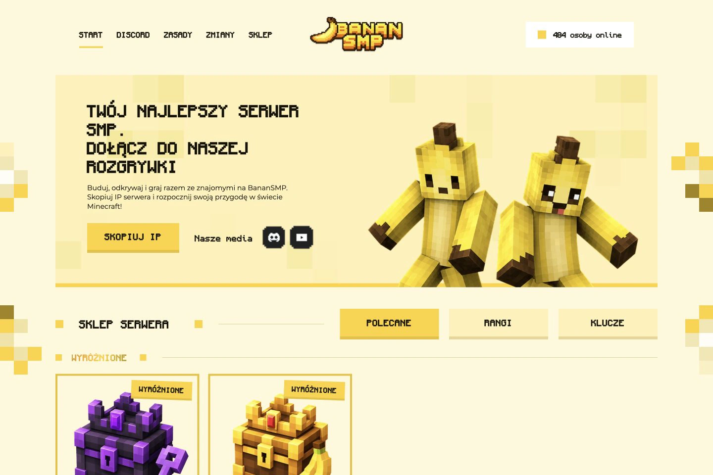 Żółta pixelowa strona BananSMP z bananowymi maskotkami i głównymi przyciskami