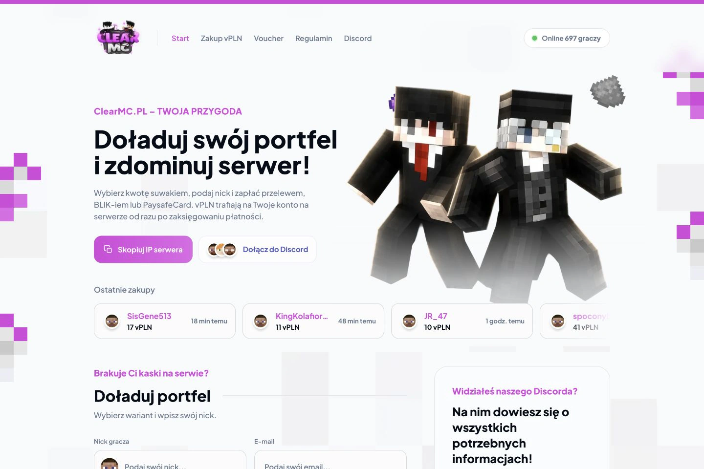 Jasna strona ClearMC z dwiema postaciami Minecraft i fioletowym logo