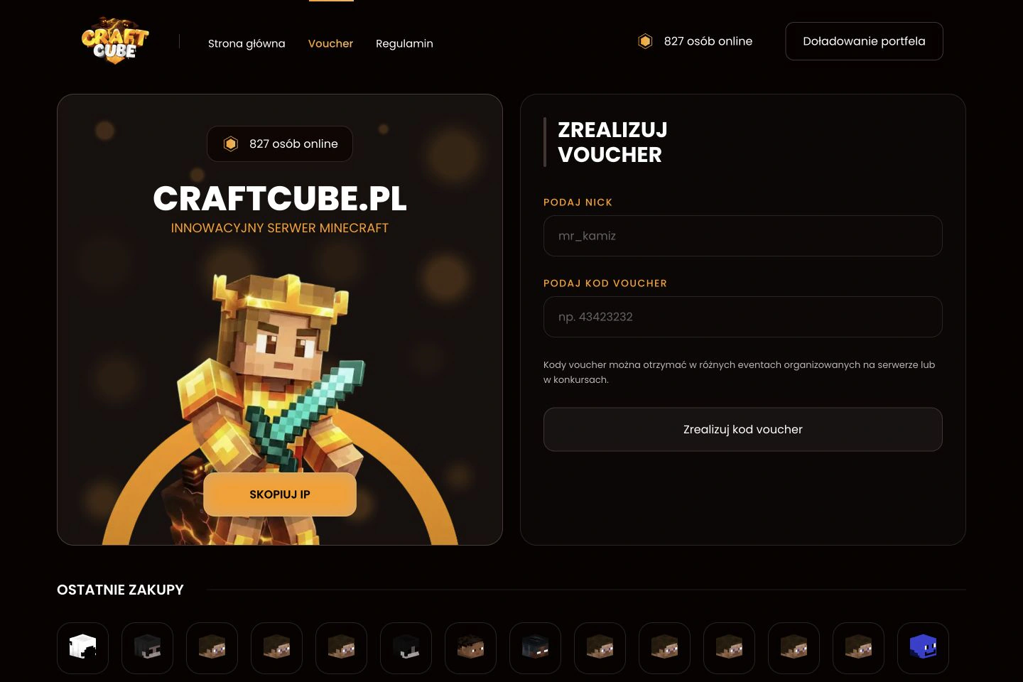 Formularz vouchera CraftCube w ciemnym interfejsie