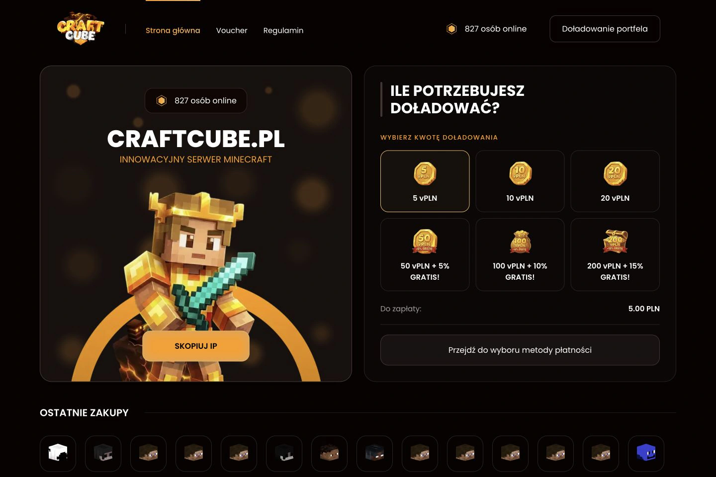 Czarno-złota strona CraftCube z ilustracją postaci i pakietami vPLN