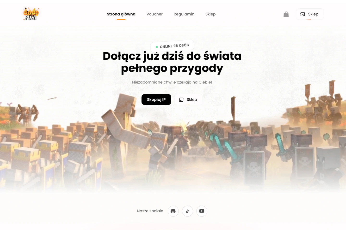 Jasna strona GoodPlay z ilustracją postaci Minecraft i złotymi akcentami