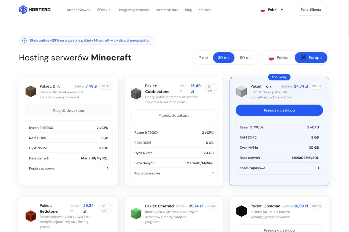 Karty pakietów Minecraft z zasobami serwera, ceną i wyborem okresu oraz lokalizacji