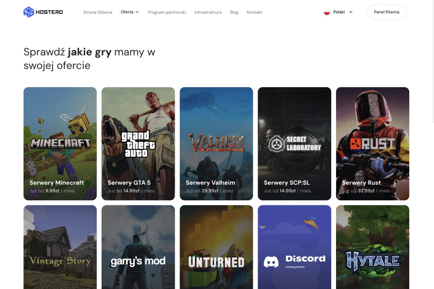 Katalog Hostero z kartami hostingu Minecraft, GTA 5, Valheim i innych gier