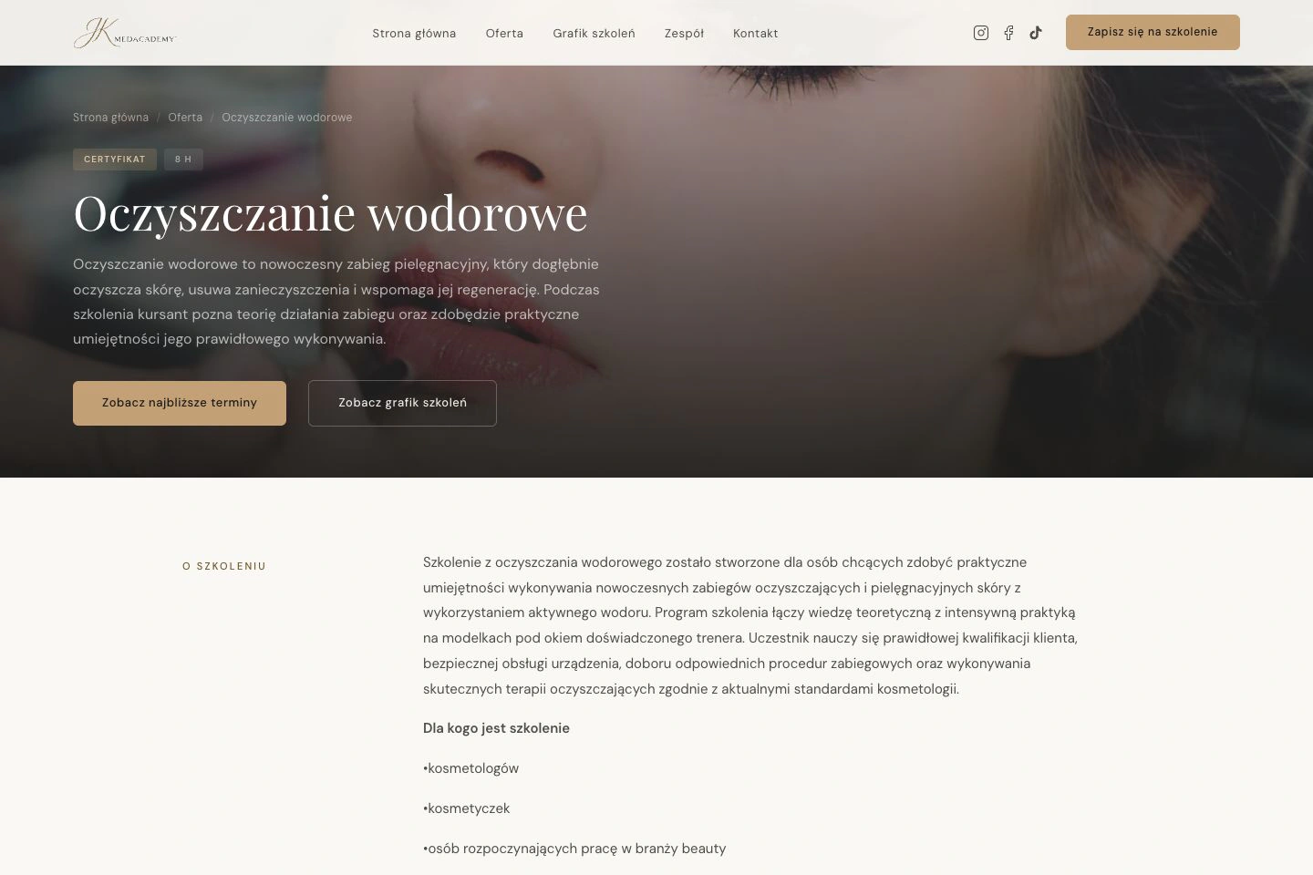 Podstrona szkolenia z oczyszczania wodorowego z opisem i programem