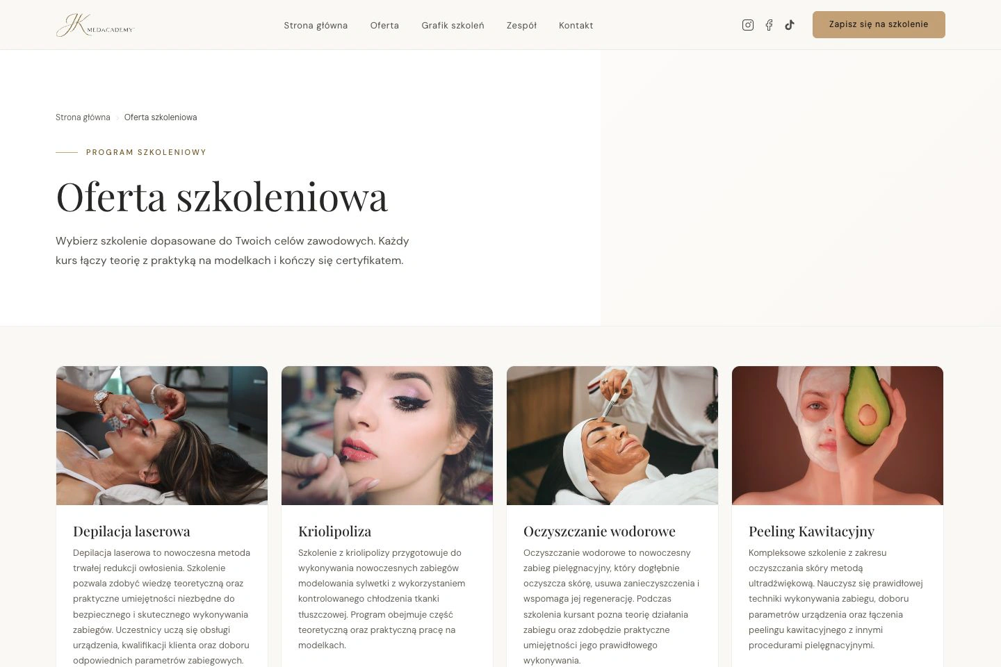 Katalog szkoleń JK Med Academy z siatką kart kursów