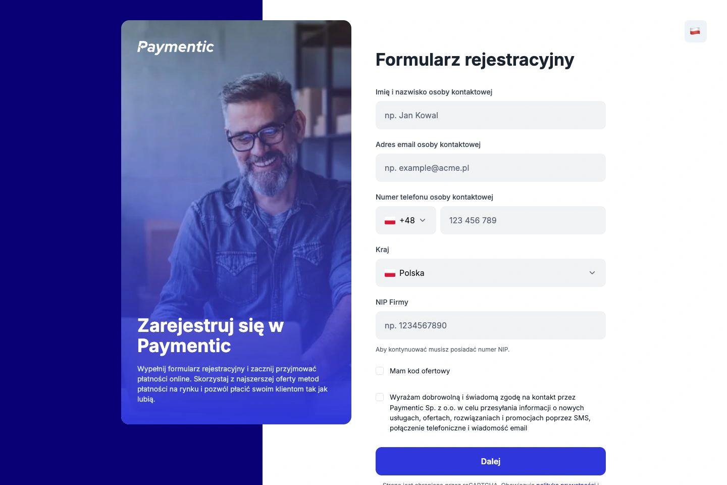 Formularz rejestracyjny Paymentic z polami danych kontaktowych, kraju i numeru NIP