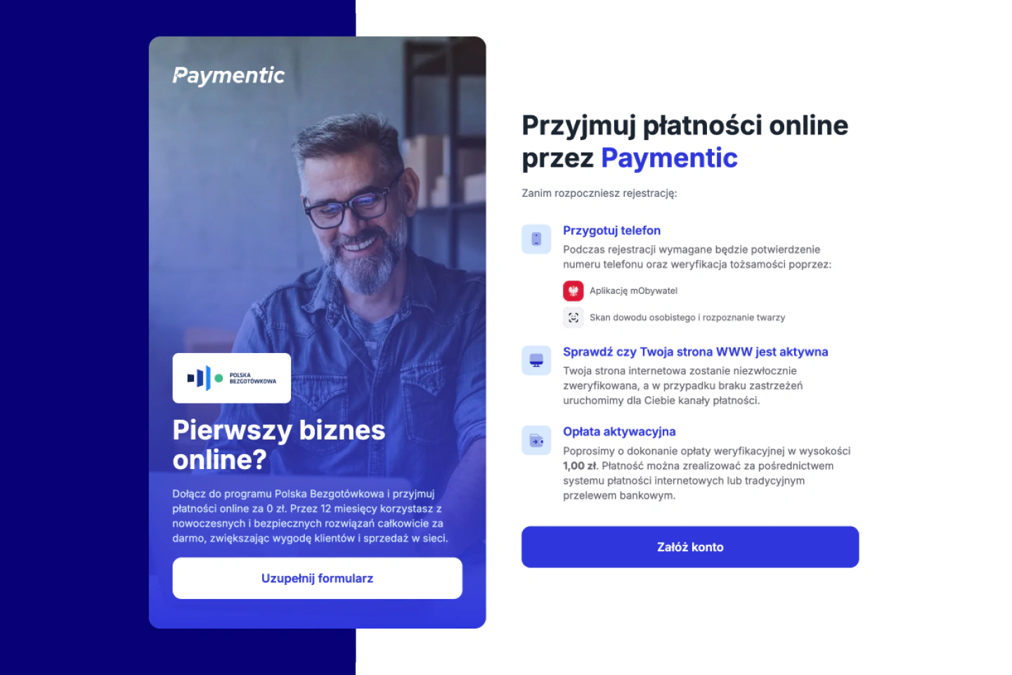 Ekran startowy Paymentic z listą informacji potrzebnych przed rejestracją