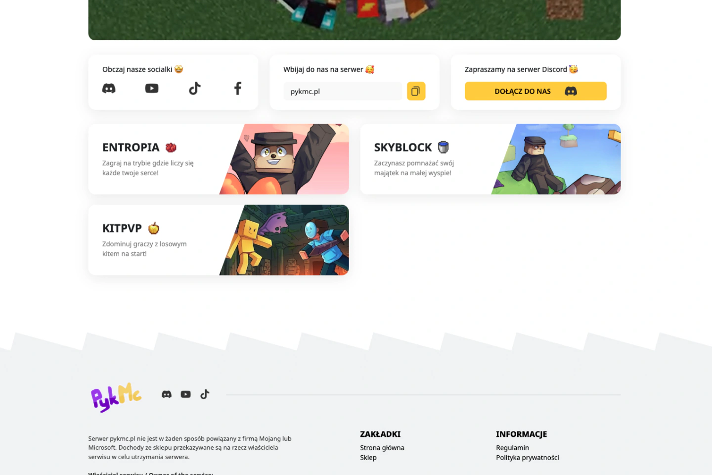 Karty trybów Entropia, Skyblock i KitPvP oraz odnośniki do społeczności PykMC