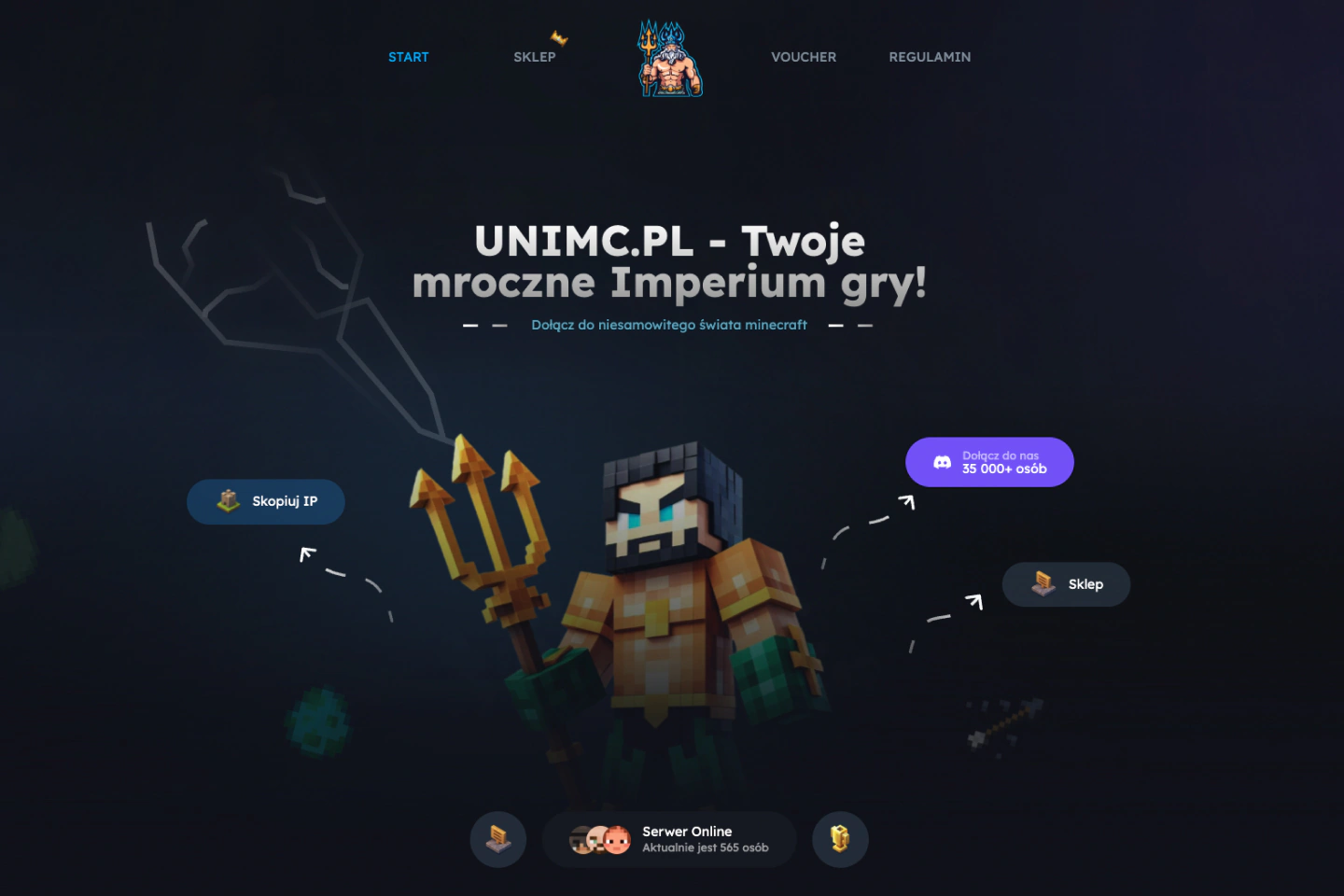 Granatowa strona UniMC z turkusową ilustracją postaci i głównymi przyciskami