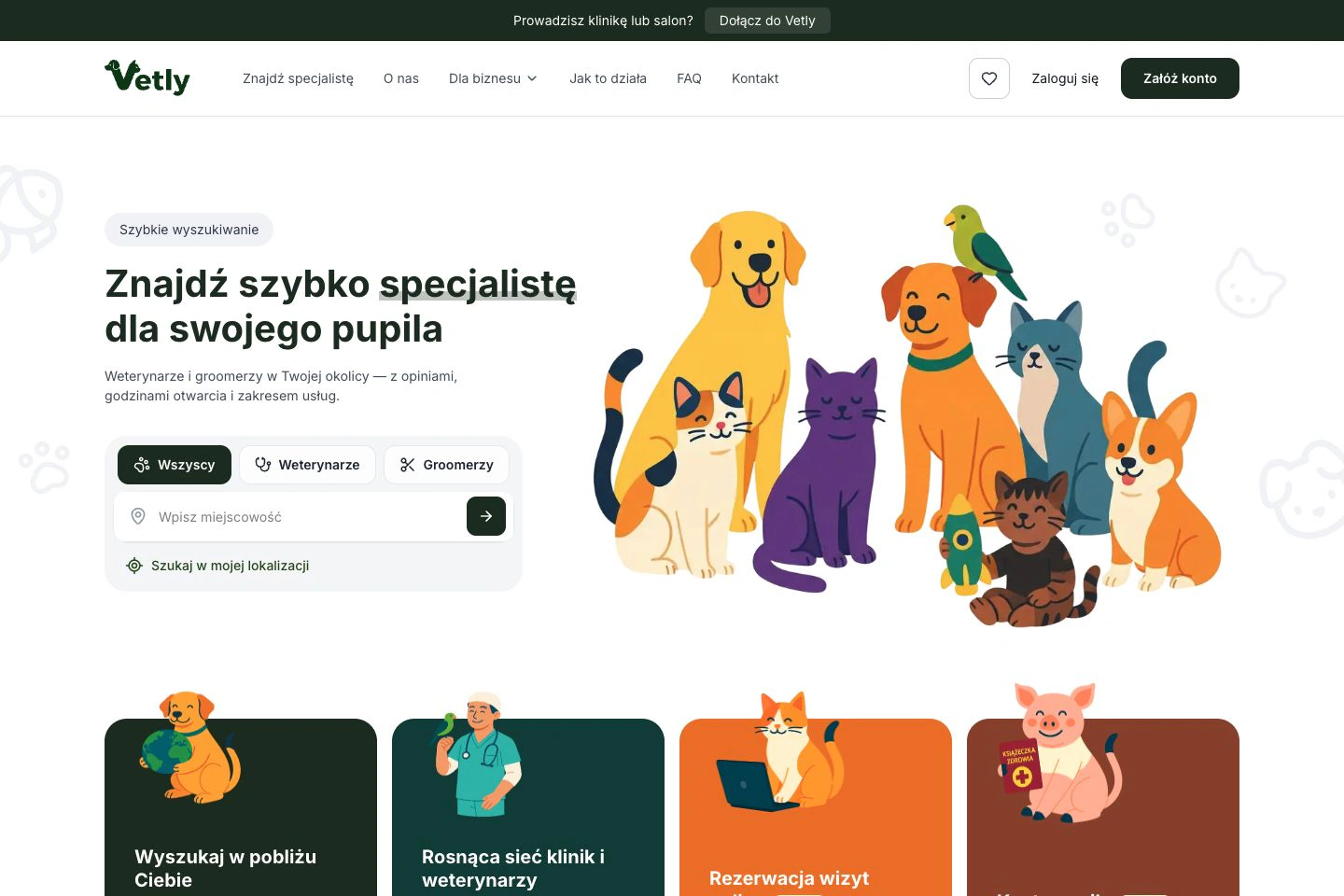 Strona główna Vetly z wyszukiwarką specjalistów i kolorowymi ilustracjami zwierząt