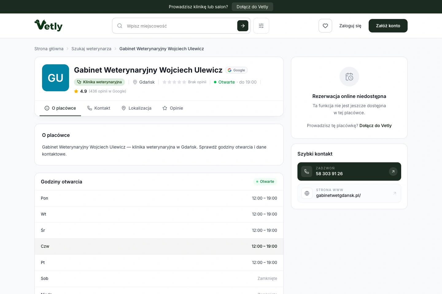 Profil kliniki w Vetly z godzinami otwarcia, lokalizacją i szybkim kontaktem
