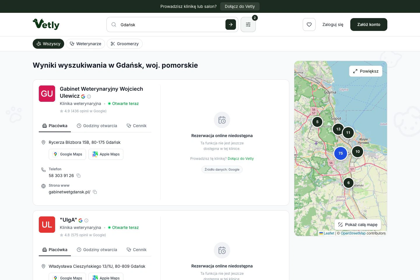 Lista klinik w Gdańsku z ocenami, godzinami otwarcia i mapą